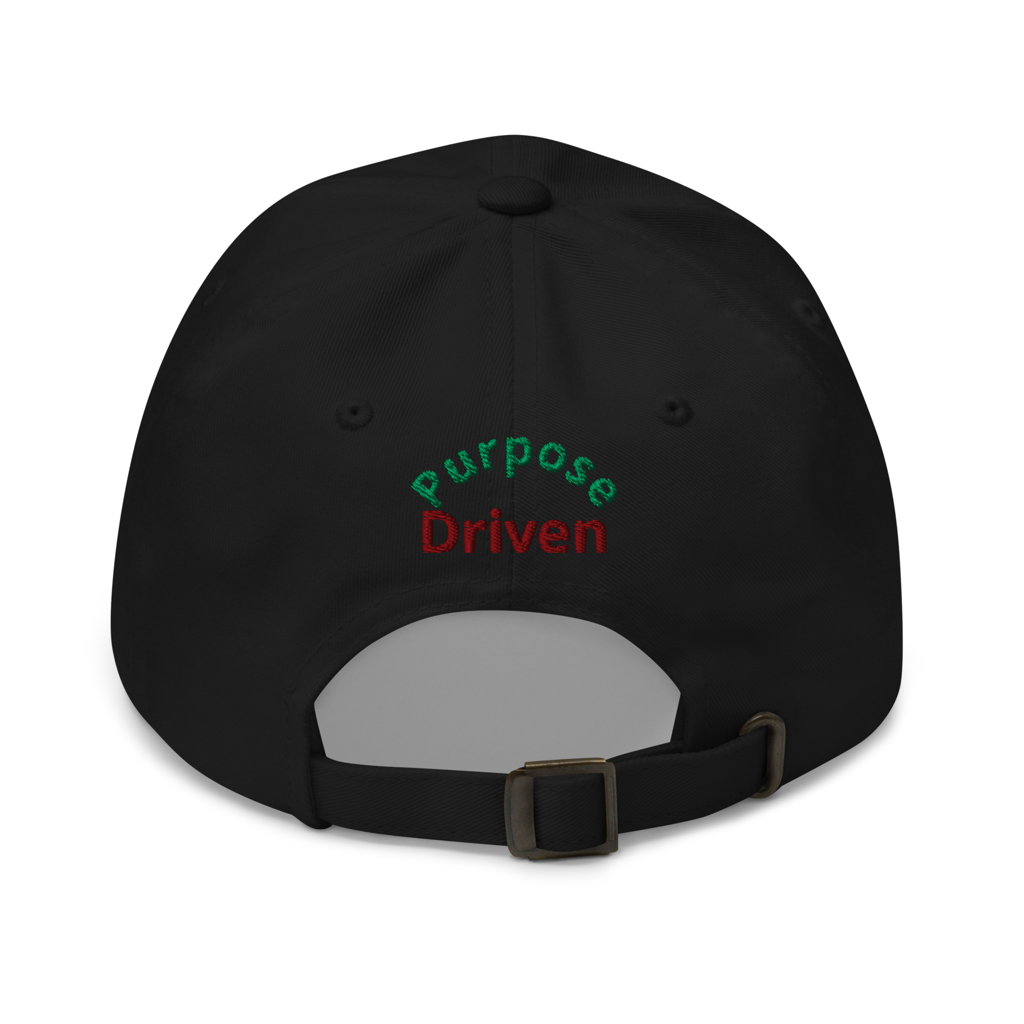 Black cap with 'Purpose Driven' text on a white background