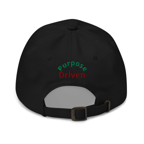 Black cap with 'Purpose Driven' text on a white background